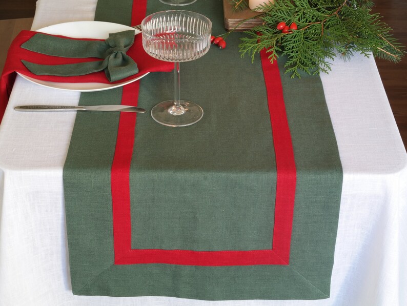 Soft Linen Table Runner, Natural Linen Table Decor, Stonewashed Table Runners, Dark Green Table Linens, Custom Table Runner, Linen Gift image 3