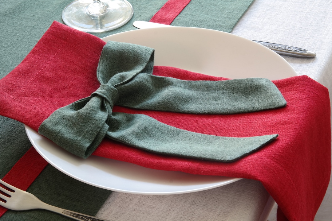 Softened Linen Napkins Set Red Linen Napkins Mitered Corners Etsy