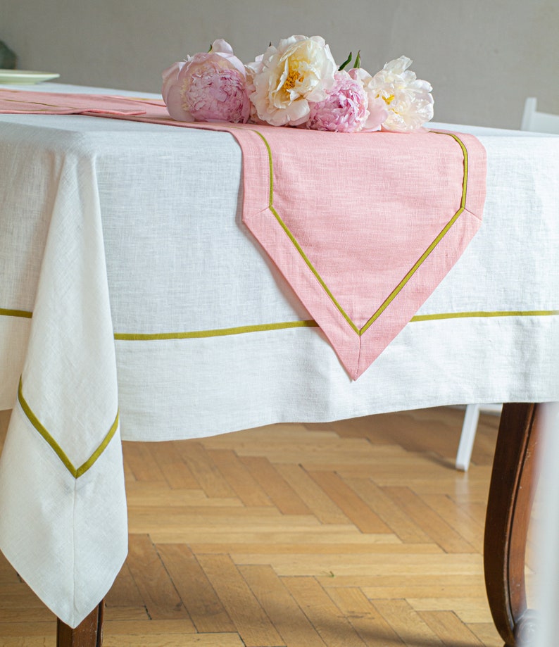 Pink linen table runner. Soft linen table runner. Linen table runner with edging. Spring table runner. Custom table runner. Holiday runner image 10