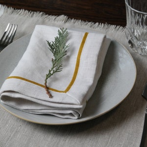 Softened linen napkins. Linen napkin border. Mitered corners linen napkins. Linen napkin with edging. Custom linen napkins