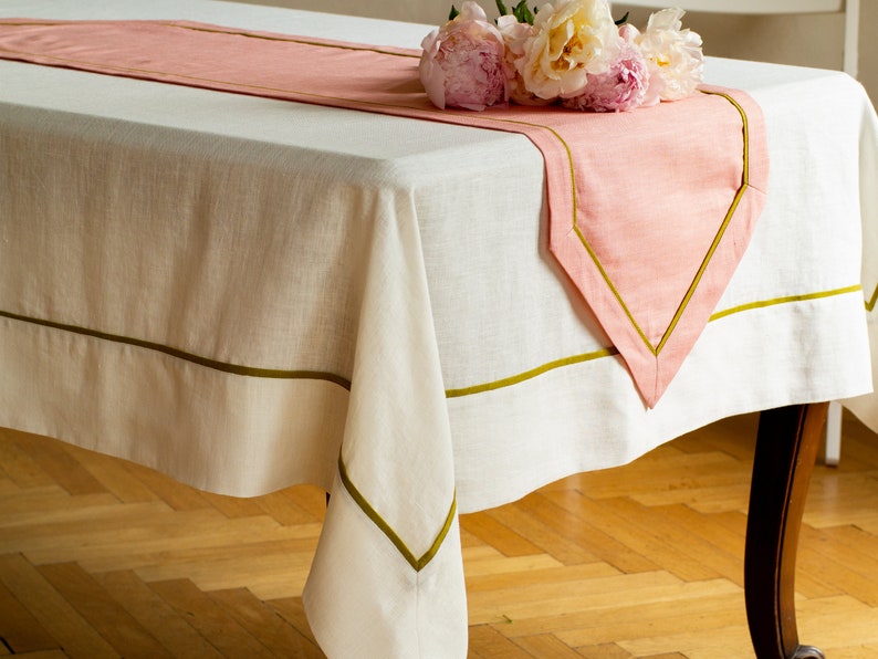 Pink linen table runner. Soft linen table runner. Linen table runner with edging. Spring table runner. Custom table runner. Holiday runner image 2