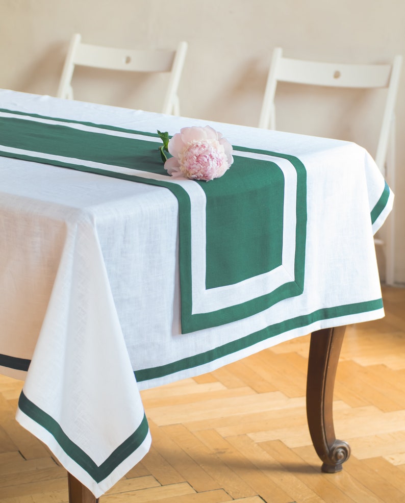 Linen tablecloth with green edging/Stonewashed linen tablecloth/Natural linen tablecloth/Tablecloth for thanksgiving/Custom linen tablecloth image 3