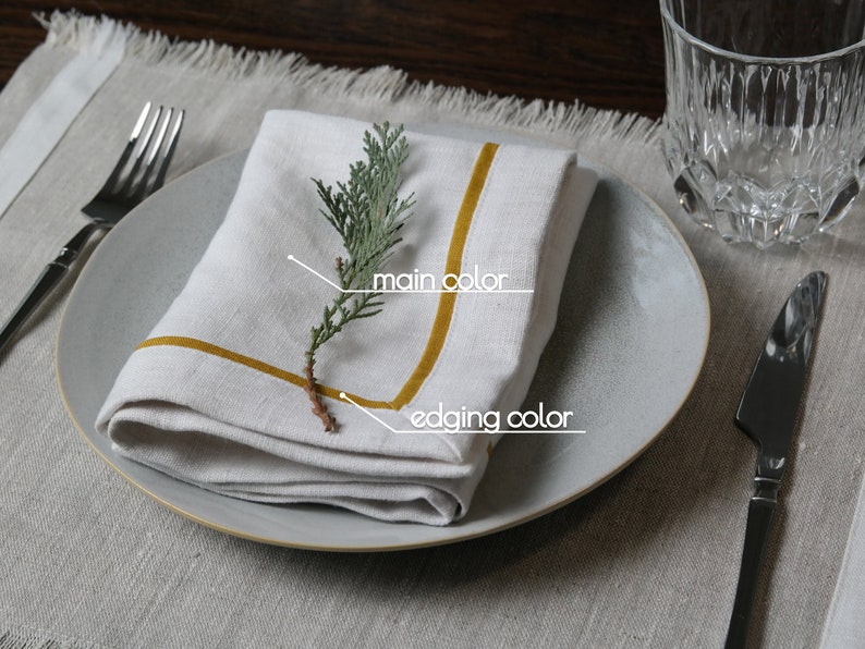 Softened linen napkins set. Mitered corners linen napkins. Linen napkin with edging. Custom linen napkins with various colors, sizes image 4