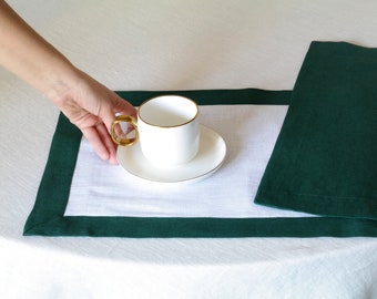 Green Linen placemat with edging. Softened linen placemat. Dinner table setting. Custom Linen placemat. Wedding linen decor. Christmas linen