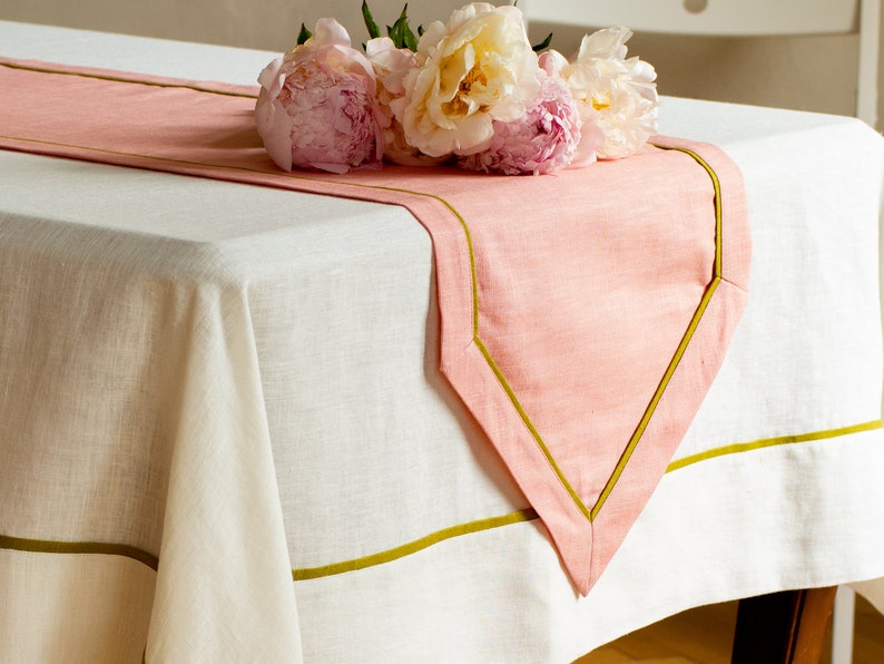 Pink linen table runner. Soft linen table runner. Linen table runner with edging. Spring table runner. Custom table runner. Holiday runner image 1