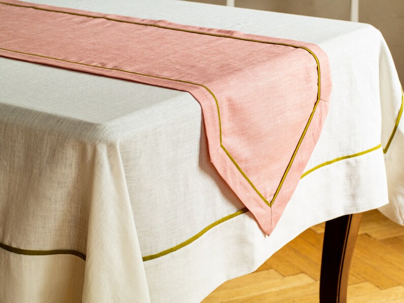 Pink linen table runner. Soft linen table runner. Linen table runner with edging. Spring table runner. Custom table runner. Holiday runner image 4