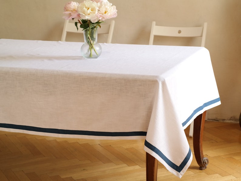 Linen tablecloth with green edging/Stonewashed linen tablecloth/Natural linen tablecloth/Tablecloth for thanksgiving/Custom linen tablecloth image 9