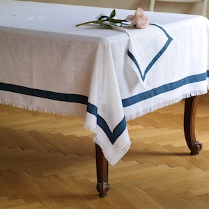 White linen fringed tablecloth with edging. Boho linen tablecloth. Natural linen tablecloth. Rustic tablecloth. Ready to ship.