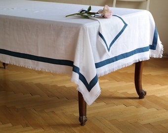 White linen fringed tablecloth with edging. Fringed washed linen tablecloth. Natural linen tablecloth. Rustic tablecloth. Large tablecloth
