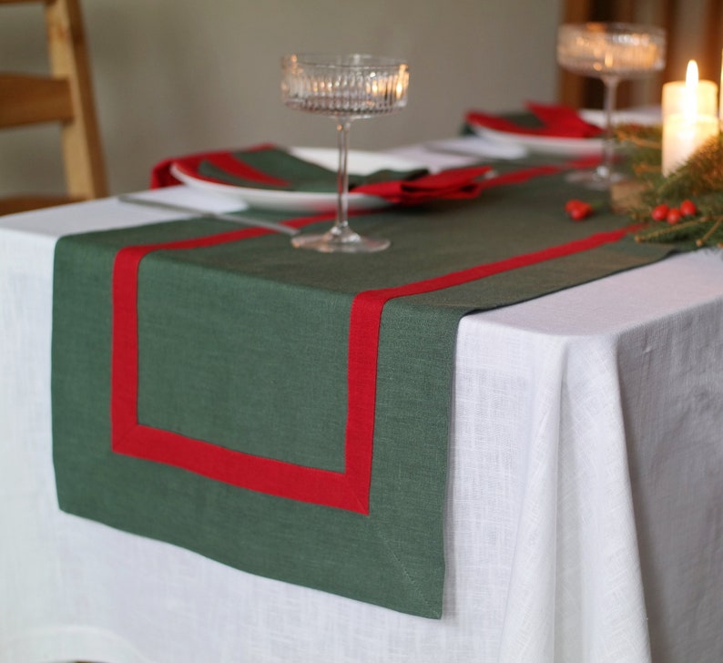 Green table runner with red edging