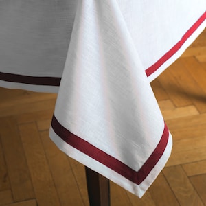Linen tablecloth with red edging/Stonewashed linen tablecloth/Natural linen tablecloth/Tablecloth for thanksgiving/Custom linen tablecloth