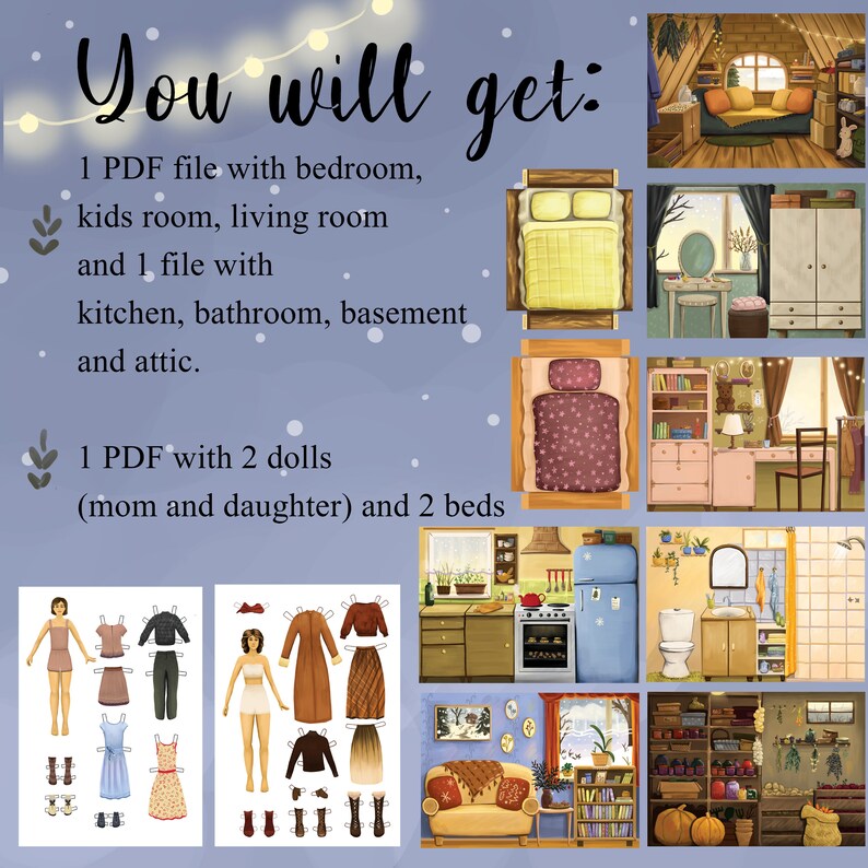Printable Christmas Paper Doll Family House, Mom and Daughter Cut Out