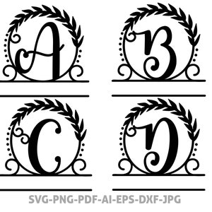Pacote SVG de monograma dividido, letras divididas PNG, círculo de alfabeto sofisticado, fonte de monograma, arquivos cortados para Cricut, monograma de nome de família, iniciais Svg