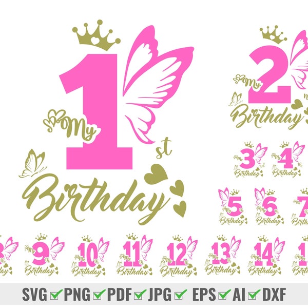 1-15 Birthday Svg Bundle, Butterfly Svg, Png, It's My Birthday Svg, Birthday Queen Svg, Happy Birthday Svg, Birthday Princess Svg
