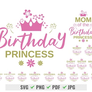 Birthday Princess Svg Bundle, Mom Of The Birthday Princess, Dad Of The Birthday Princess, Birthday Party Shirts, Matching Birthday T-Shirts