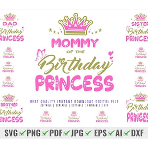 Geburtstagsprinzessin svg Bundle, Mutter der Geburtstagsprinzessin, Papa der Geburtstagsprinzessin, Geburtstagsparty-Shirts, Geburtstagskind svg
