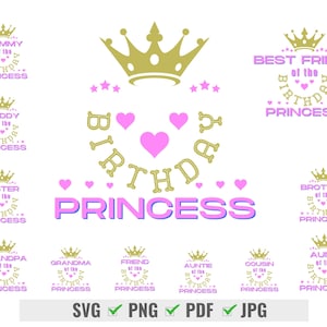 バースデー プリンセス SVG バンドル、バースデー プリンセスのお母さん、バースデー プリンセスのお父さん、お揃いのバースデー T シャツ、バースデー パーティー シャツ