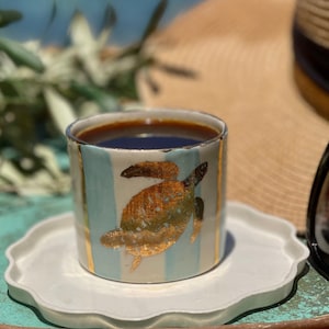 Handmade Limoge Stripted Coffee Cup, Decorated with 24k Real Gold, Marine Home Decoration, Unique Gift for Her,Coaster Home,Collectible Gift