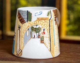 Handmade Limoge Coffee Cup, Hand-painted Espresso Mug, Wood carving Handle , Antioch Old Street, Demitasse Cup, Gift for Espresso Lover