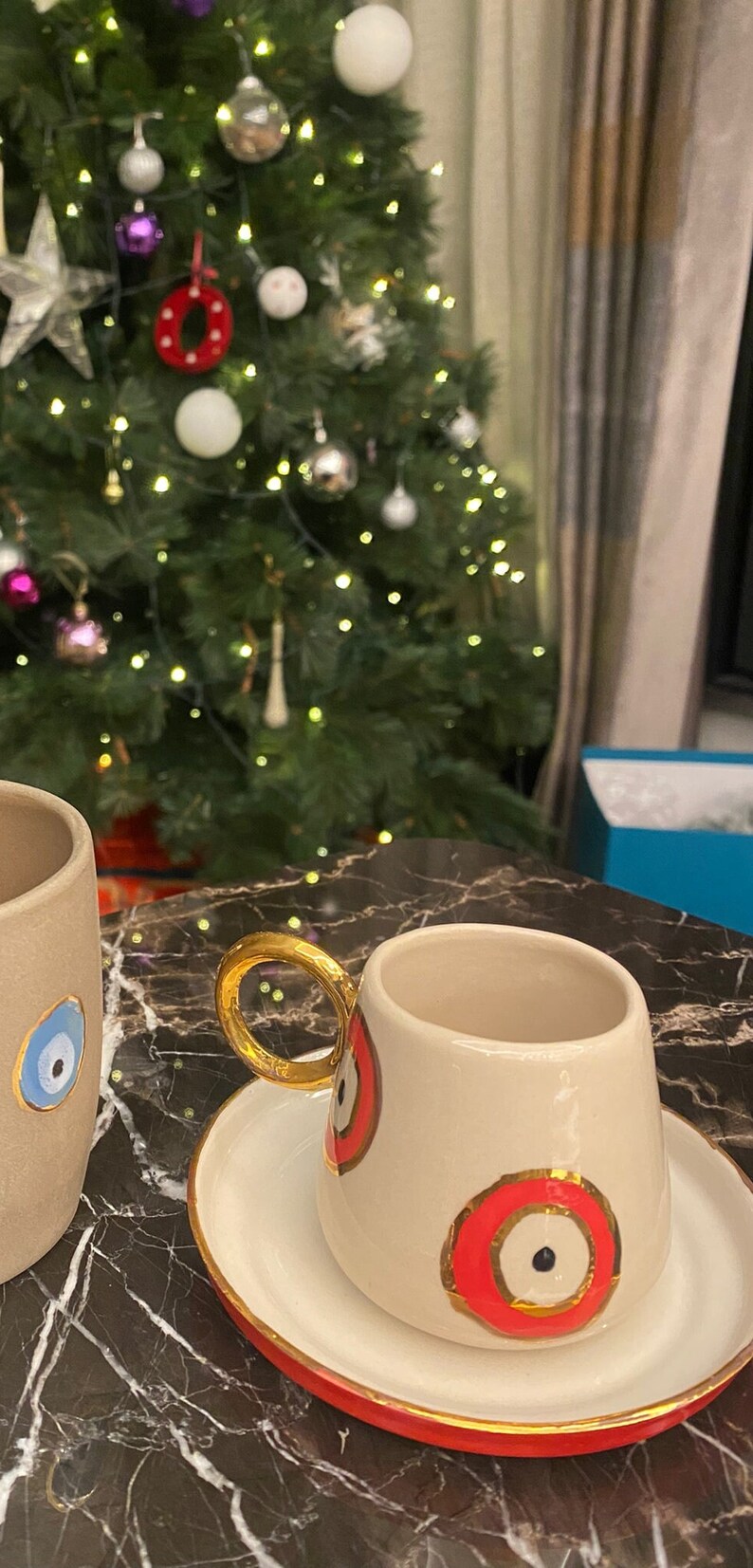 24 K Gold, Handmade Limoge Tea Set, Evil Eye Coffee Cup, Turkish Coffee