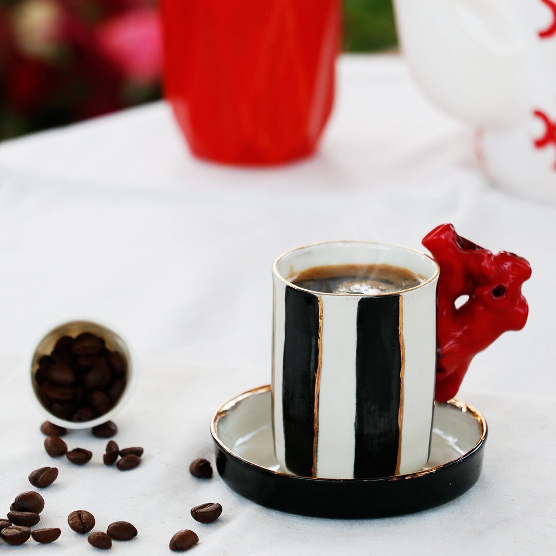 24 K Gold Handpainted Limoge Coffee Cup Real Red Coral Etsy