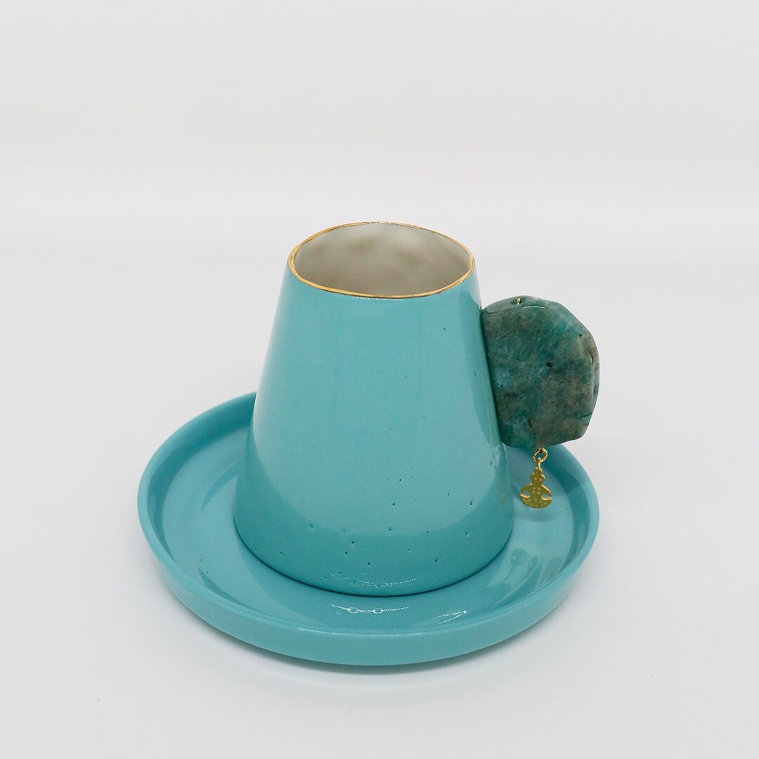 24k Gold, Amazonit Stone Handle With Twin Idol Earring, Handmade Limoge