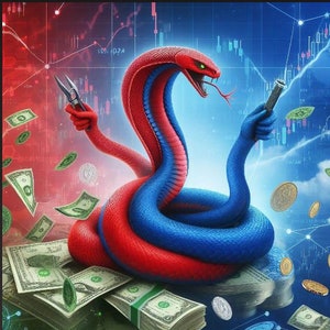Op de afbeelding: Een rode en blauwe slang met een opgerold lichaam houdt een tang in de ene hand en een kleine zaklamp in de andere. De slang zit op een stapel geld, met dollarbiljetten en munten die eromheen verspreid liggen. De achtergrond is een blauwe en rode grafiek met financi&euml;le gegevens.