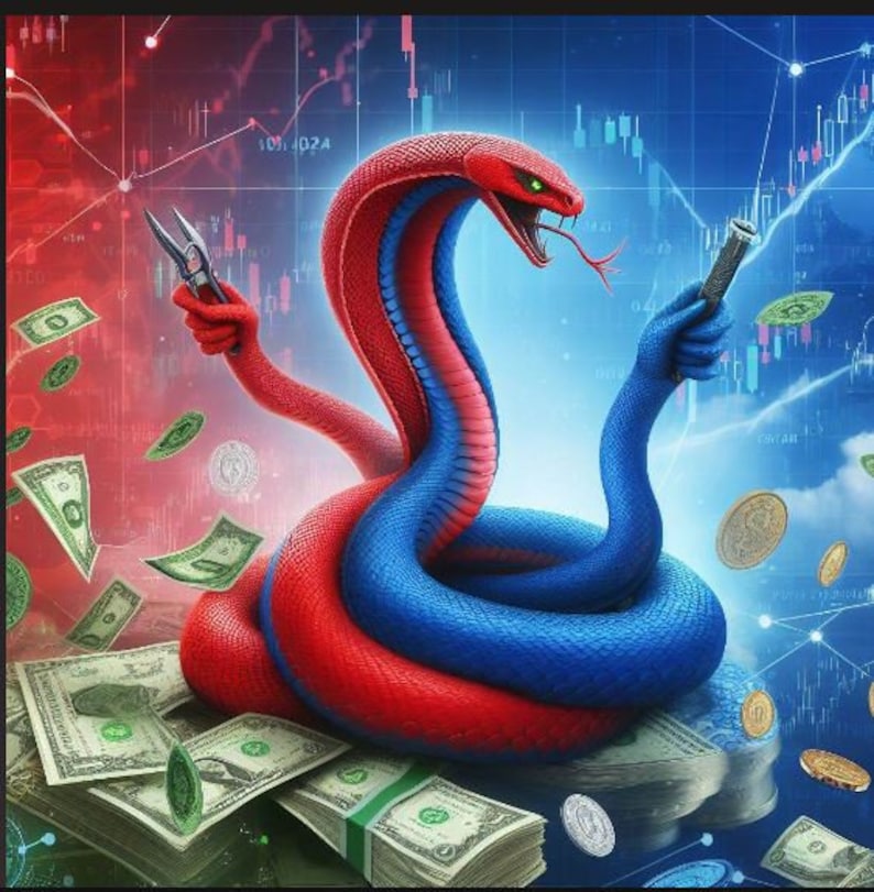 Op de afbeelding: Een rode en blauwe slang met een opgerold lichaam houdt een tang in de ene hand en een kleine zaklamp in de andere. De slang zit op een stapel geld, met dollarbiljetten en munten die eromheen verspreid liggen. De achtergrond is een blauwe en rode grafiek met financi&euml;le gegevens.