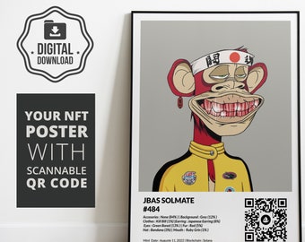 Your own personalized NFT print as a downloadable file, NFT wall art with QR code, personalized print