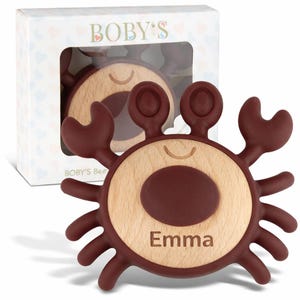 Personalized Baby Teething Ring, Natural Wood & Silicone - Chew Toy, Teething Aid, Grasping Ring - Sustainable Baby Toy Gift, 100% BPA-free (Krabbe (Ruby/Wine)