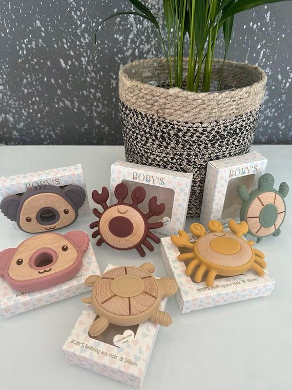 Beißring Baby Personalisiert Natur Holz & Silikon -Kauspielzeug, Zahnungshilfe Greifring -Babyspielzeug Geschenk nachhaltig,100%BPA-frei