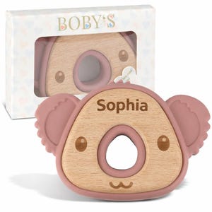 Personalized Baby Teething Ring, Natural Wood & Silicone - Chew Toy, Teething Aid, Grasping Ring - Sustainable Baby Toy Gift, 100% BPA-free (Koala (Pale/Mauve)