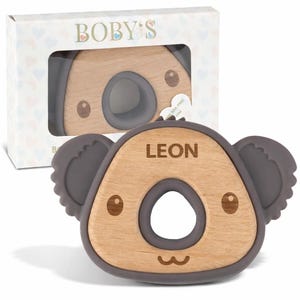 Personalized Baby Teething Ring, Natural Wood & Silicone - Chew Toy, Teething Aid, Grasping Ring - Sustainable Baby Toy Gift, 100% BPA-free (Koala (Strom/Front)