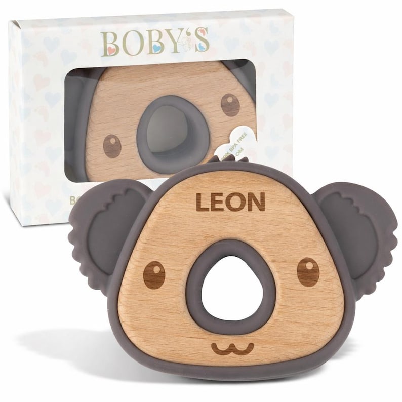 Personalized Baby Teething Ring, Natural Wood & Silicone - Chew Toy, Teething Aid, Grasping Ring - Sustainable Baby Toy Gift, 100% BPA-free (Koala (Strom/Front)