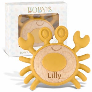 Personalized Baby Teething Ring, Natural Wood & Silicone - Chew Toy, Teething Aid, Grasping Ring - Sustainable Baby Toy Gift, 100% BPA-free (Krabbe (Ochre)