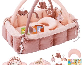 5-in-1 Baby Play Mat with Play Arch & Baby Nest, Crawling Mat, Baby Gym, Playpen, Ball Pit, Gift for Birth