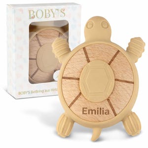 Personalized Baby Teething Ring, Natural Wood & Silicone - Chew Toy, Teething Aid, Grasping Ring - Sustainable Baby Toy Gift, 100% BPA-free SchildkröteCroissant