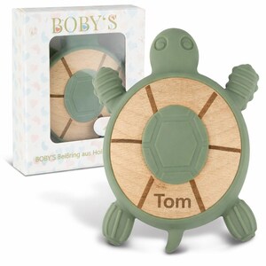 Personalized Baby Teething Ring, Natural Wood & Silicone - Chew Toy, Teething Aid, Grasping Ring - Sustainable Baby Toy Gift, 100% BPA-free Schildkröte OilGreen