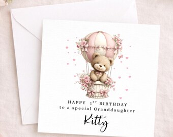 Personalised 1st Birthday Card | First Birthday Pink Floral Hot Air Balloon | Keepsake Gift For Daughter, Granddaughter