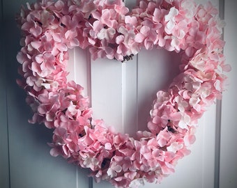 Pretty handmade heart shape grapevine wreath artificial pink hydrangeas 45cm approx other colours available spring summer year round