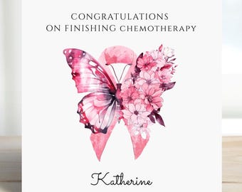 Breast Cancer Chemotherapy Card | Card With Name | Floral Butterfly Cancer Ribbon Card | Personalised Cancer Card | Finishing Treatment Card