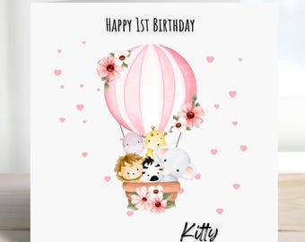 Personalised Pink Birthday Card: Hot Air Balloon Animals