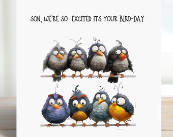 May include: A greeting card with the text "SON, WE'RE SO EXCITED ITS YOUR BIRD-DAY" above an illustration of eight cartoon birds perched on two wires. The birds have various colors, including blue, gray, and yellow.
