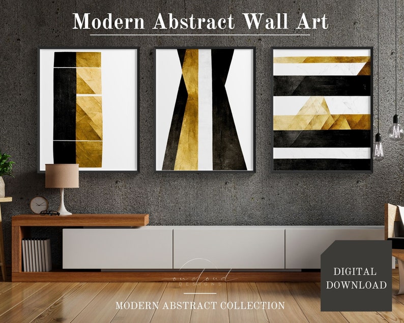 Modern Abstract Printable Wall Art | Black and Gold Abstract Geometric ...