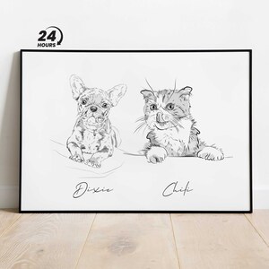 Ritratto personalizzato di due animali domestici, linea artistica personalizzata, disegno di ritratto di animale domestico, schizzi da foto, regali personalizzati, ritratto di cane, ritratto di gatto