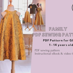 May include: A golden-yellow halter dress with a textured pattern is displayed on a mannequin. The image also shows a matching dress on a smaller mannequin and a woman wearing a similar dress. Text on the right reads "FAMILY PDF SEWING PATTERN".