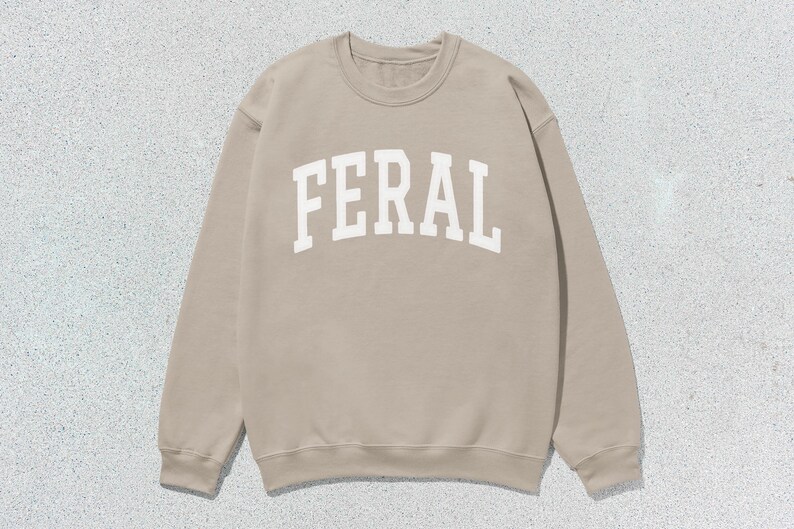 May include: A beige sweatshirt with the word "FERAL" printed in white on the front.