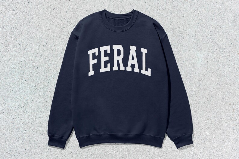 May include: A navy blue sweatshirt with the word "FERAL" printed in white on the front.