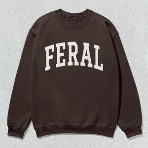 May include: A brown sweatshirt with a white "FERAL" graphic printed on the front.