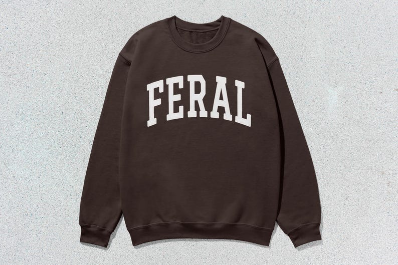 May include: A brown sweatshirt with a white "FERAL" graphic printed on the front.